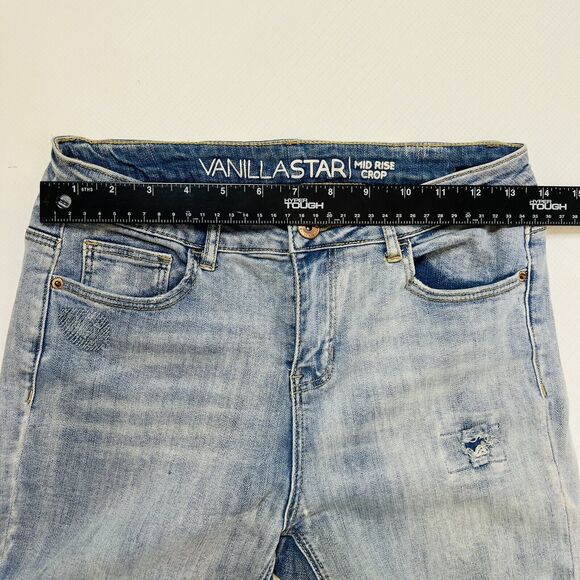 Vanilla Star Women's Blue Mid Rise Crop Distressed Stretch Jeans Size 9 School - Picture 10 of 11